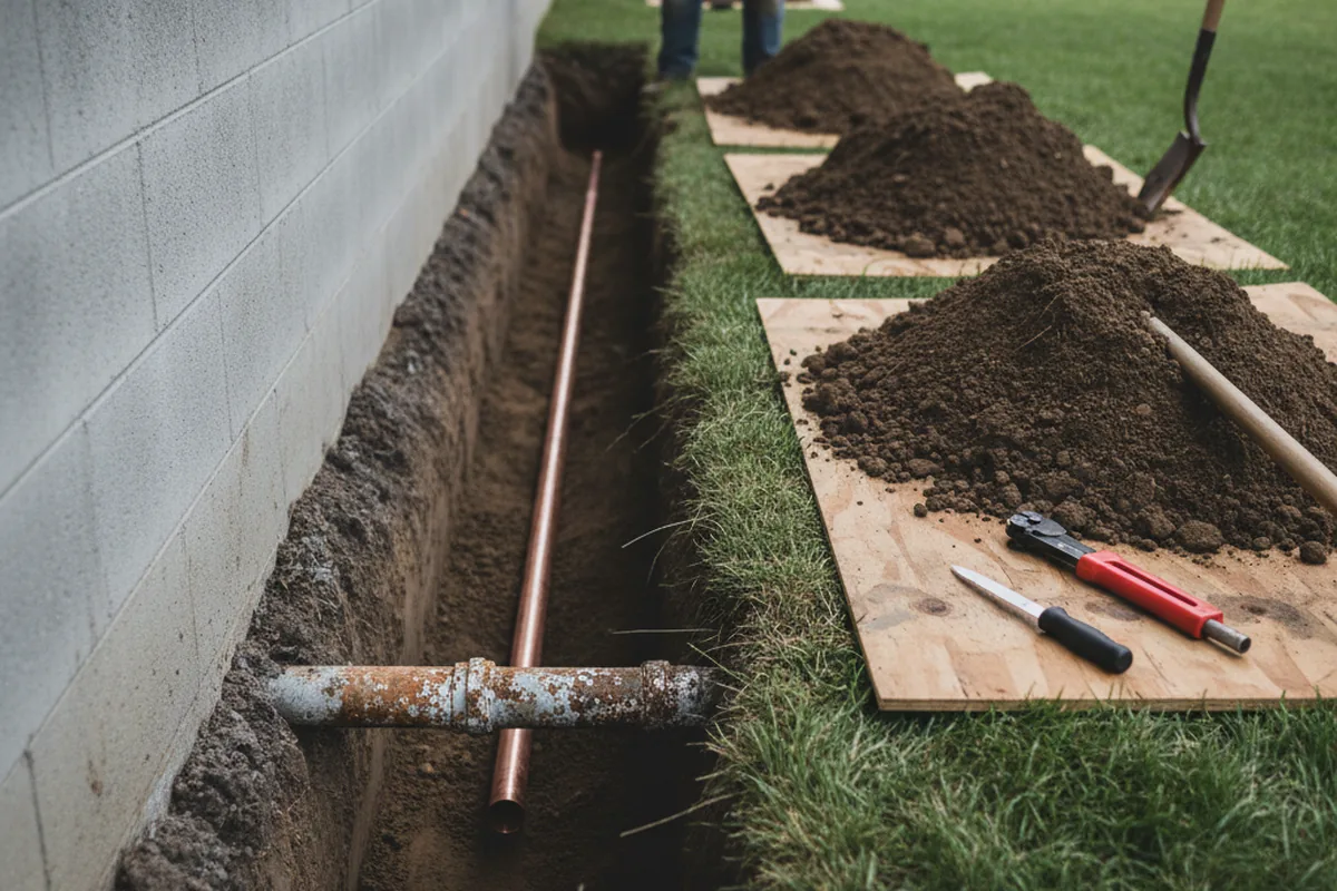 Excavated water line trench during Sewer Line Repair in Hartwick